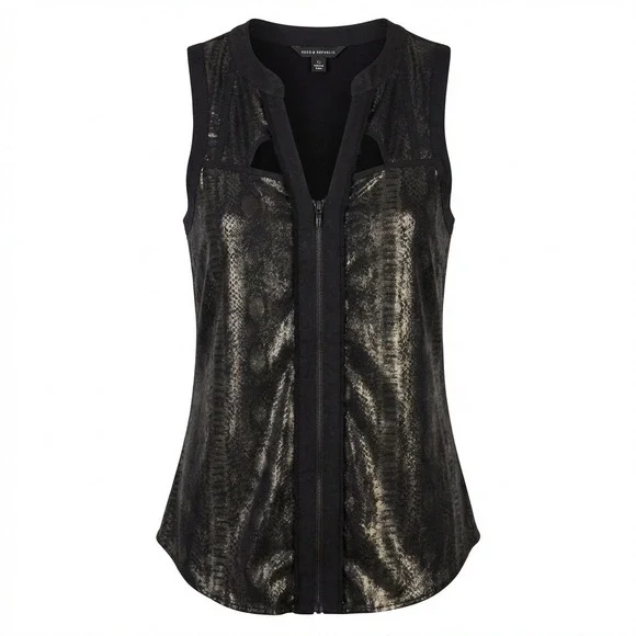 Rock & Republic Women XL Black Gold Metallic Snakeskin Zip Front Cutout Tank Top - Picture 1 of 6